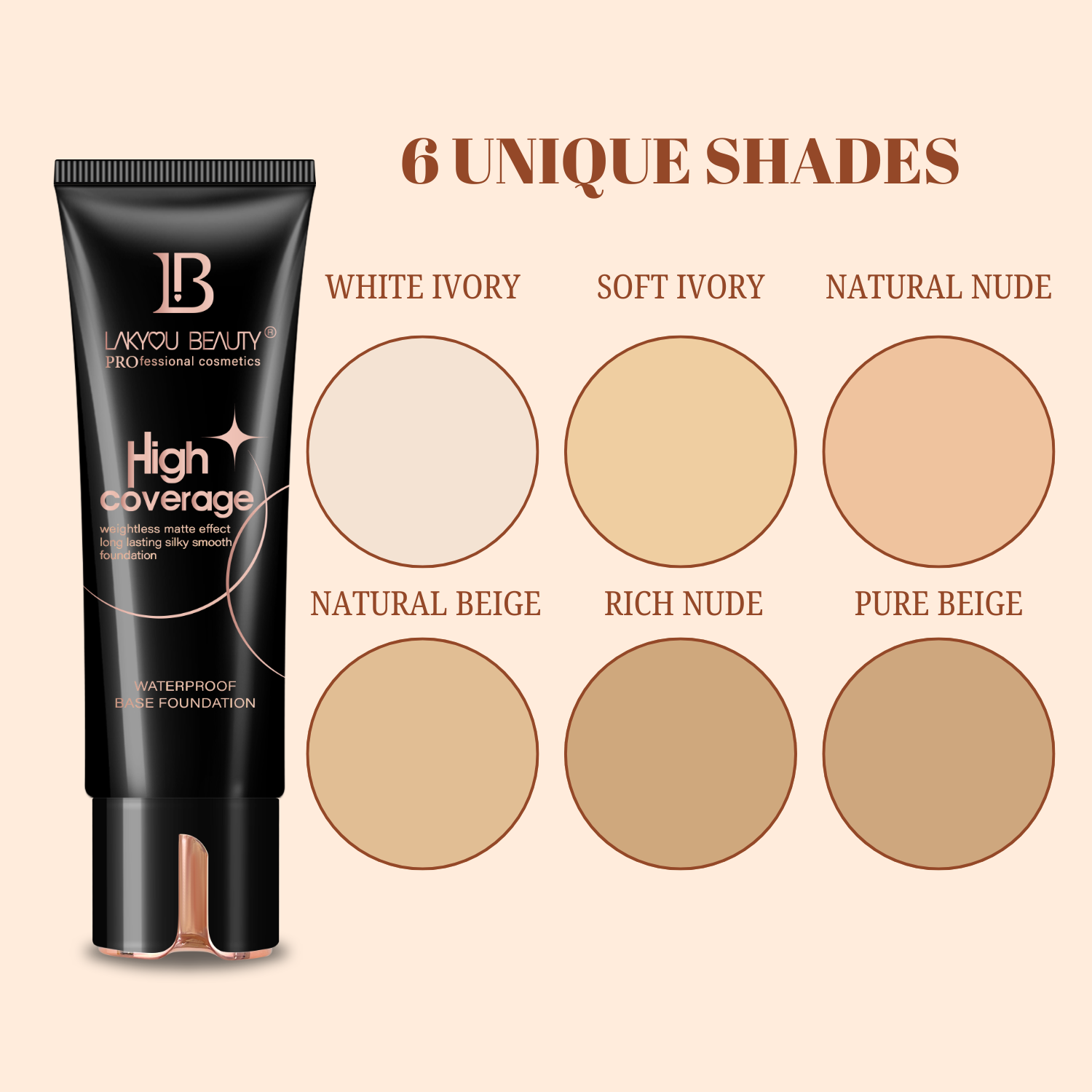 Lakyou Beauty foundation tube with 6 unique shade swatches on a beige background