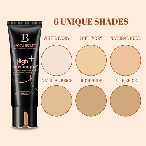Lakyou Beauty foundation tube with 6 unique shade swatches on a beige background