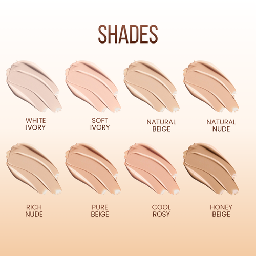 Color swatches of different makeup shades on a beige background