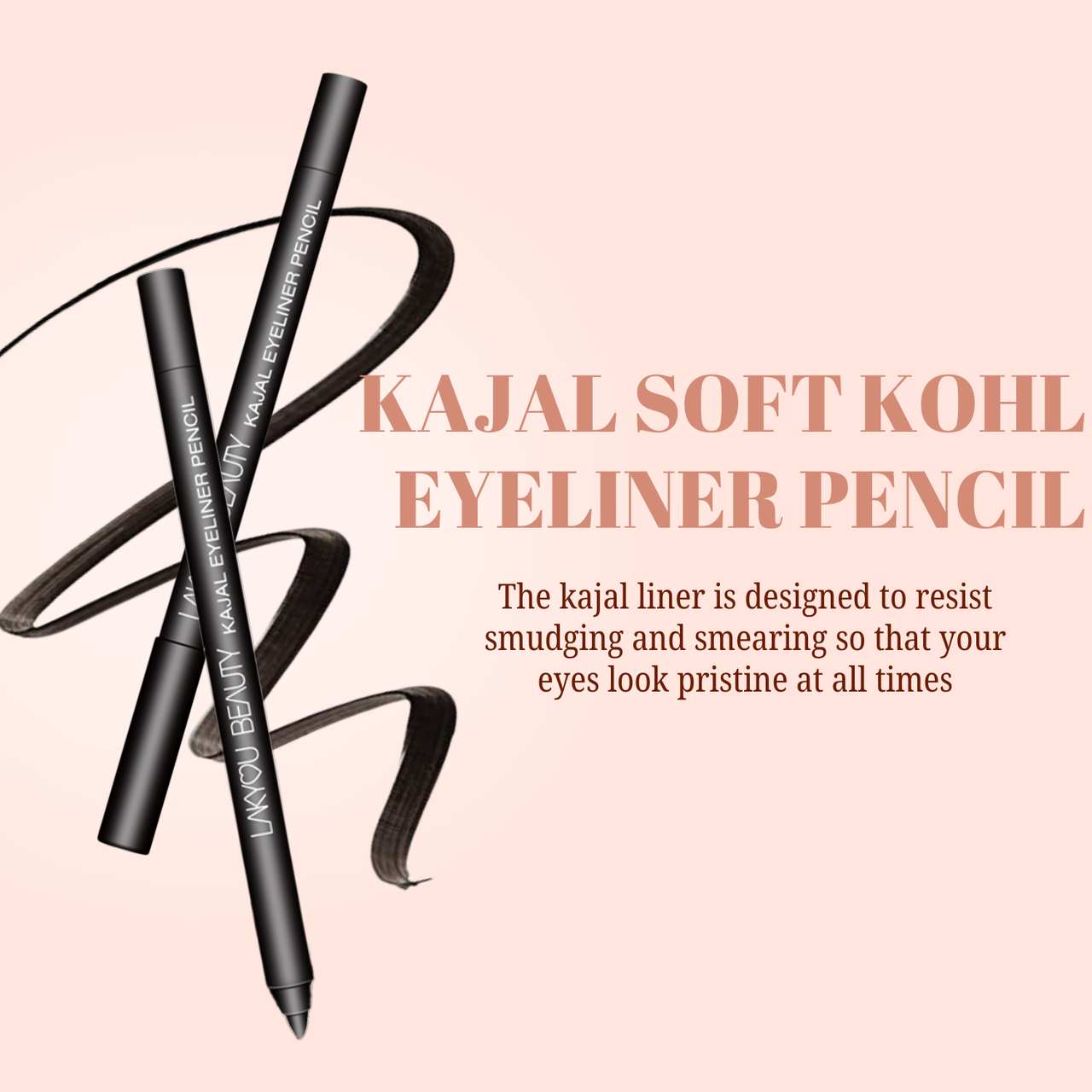Two eyeliner pencils with text on a pink background