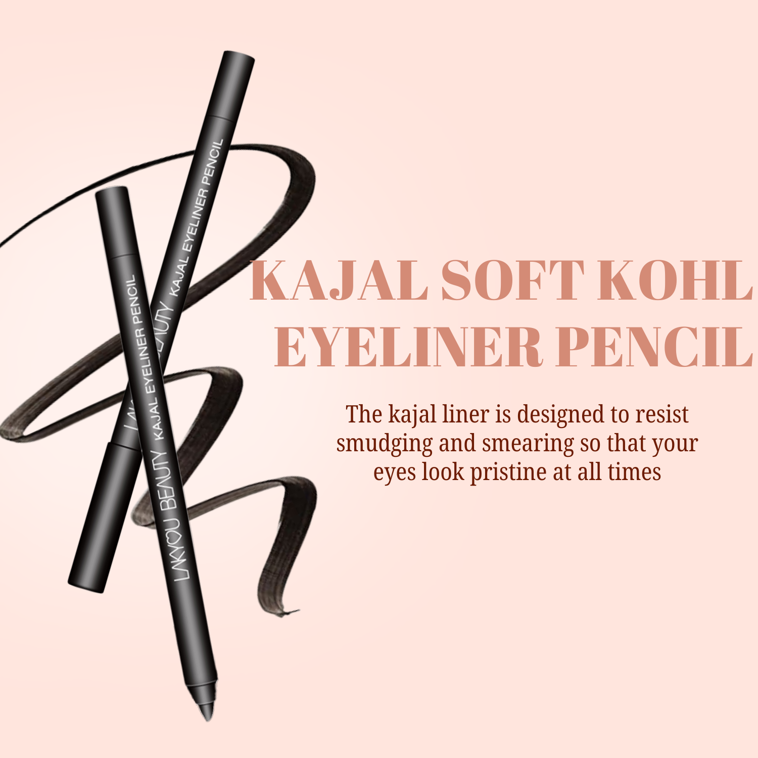 Two eyeliner pencils with text on a pink background