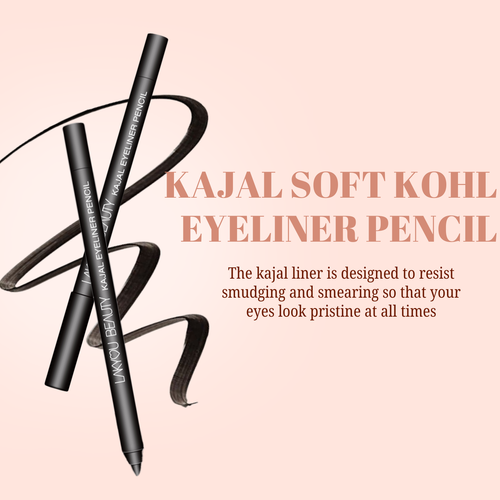 Two eyeliner pencils with text on a pink background