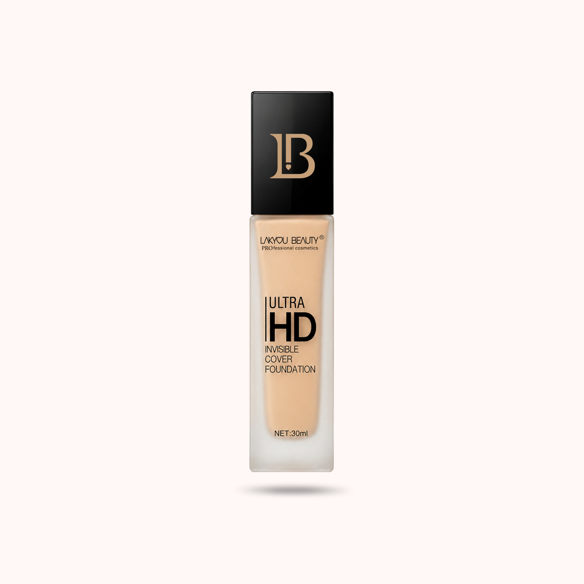 A 30ml bottle of Lanyou Beauty Ultra HD Invisible Coat Foundation in a warm beige shade, featuring a black cap with a gold 'LB' logo, centered on a pale pink background.