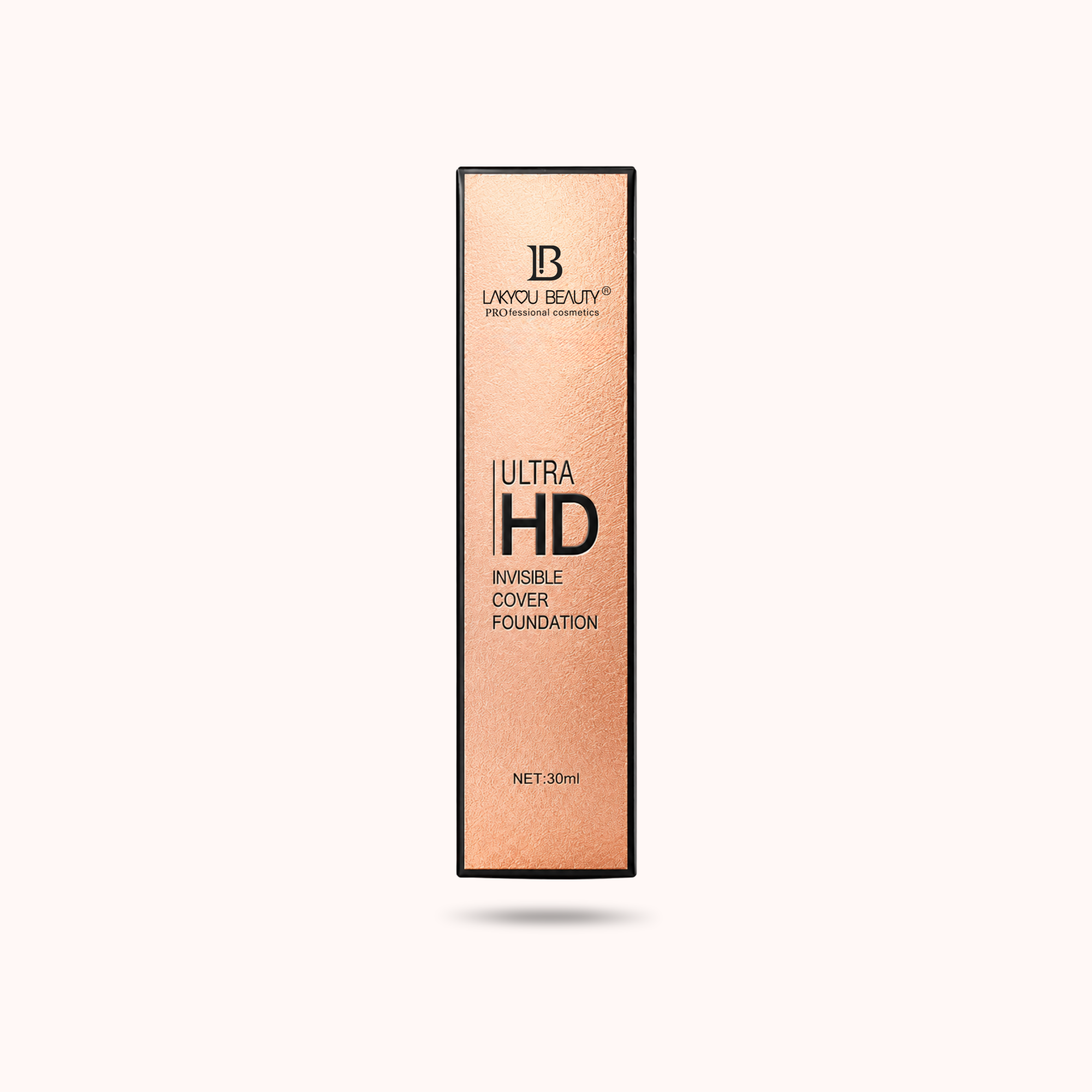 A tall rectangular box of Lihou Beauty Ultra HD Invisible Cover Foundation in a metallic rose gold finish with black text and border, centered on a very light off-white background.