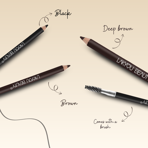 Set of Lakyou Beauty eyebrow products including pencils and a brush on a beige background.