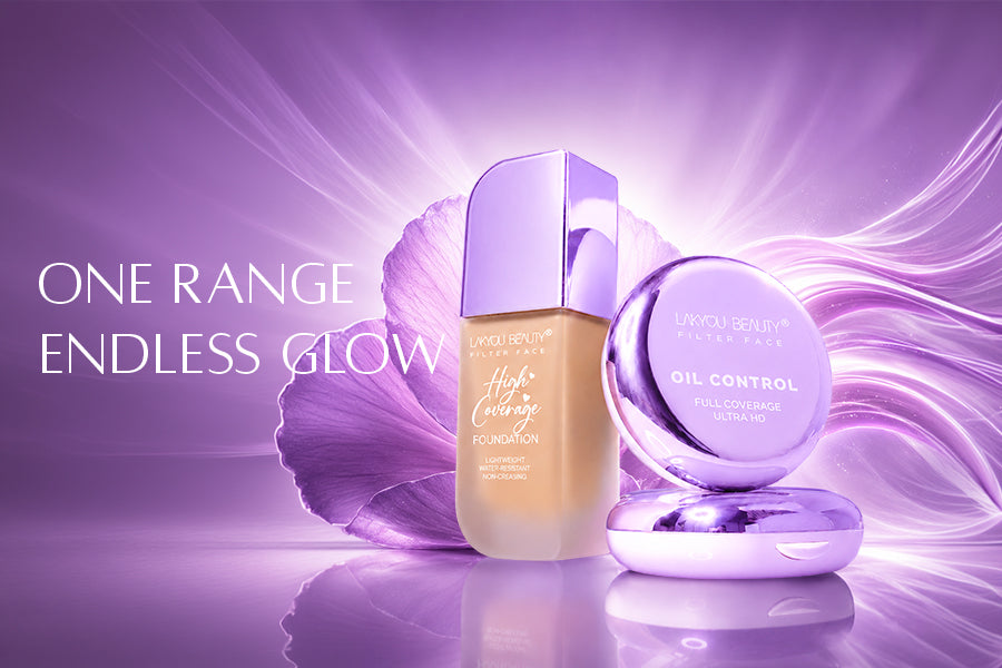 Makeup products with a purple background and text 'One Range Endless Glow'.