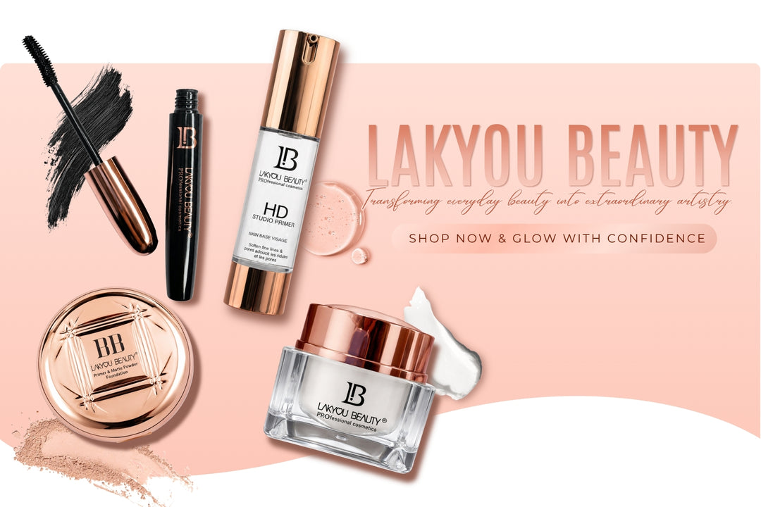 Lakyou Beauty skincare and makeup products on a pink background with brand name displayed.