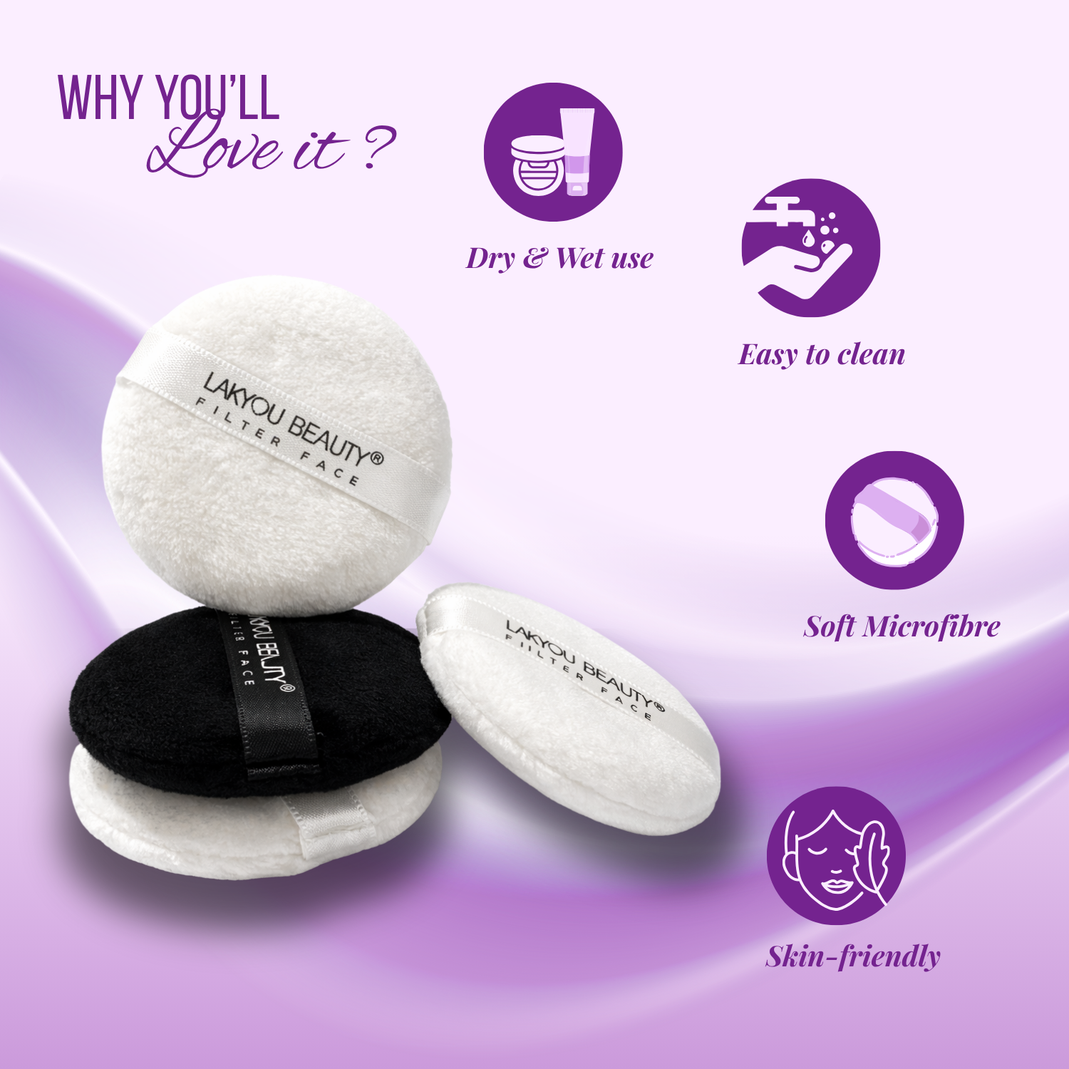 LaKyou Beauty filter face with features listed on a purple background