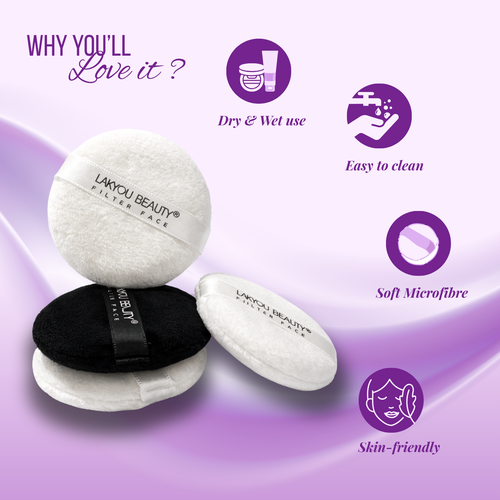 LaKyou Beauty filter face with features listed on a purple background