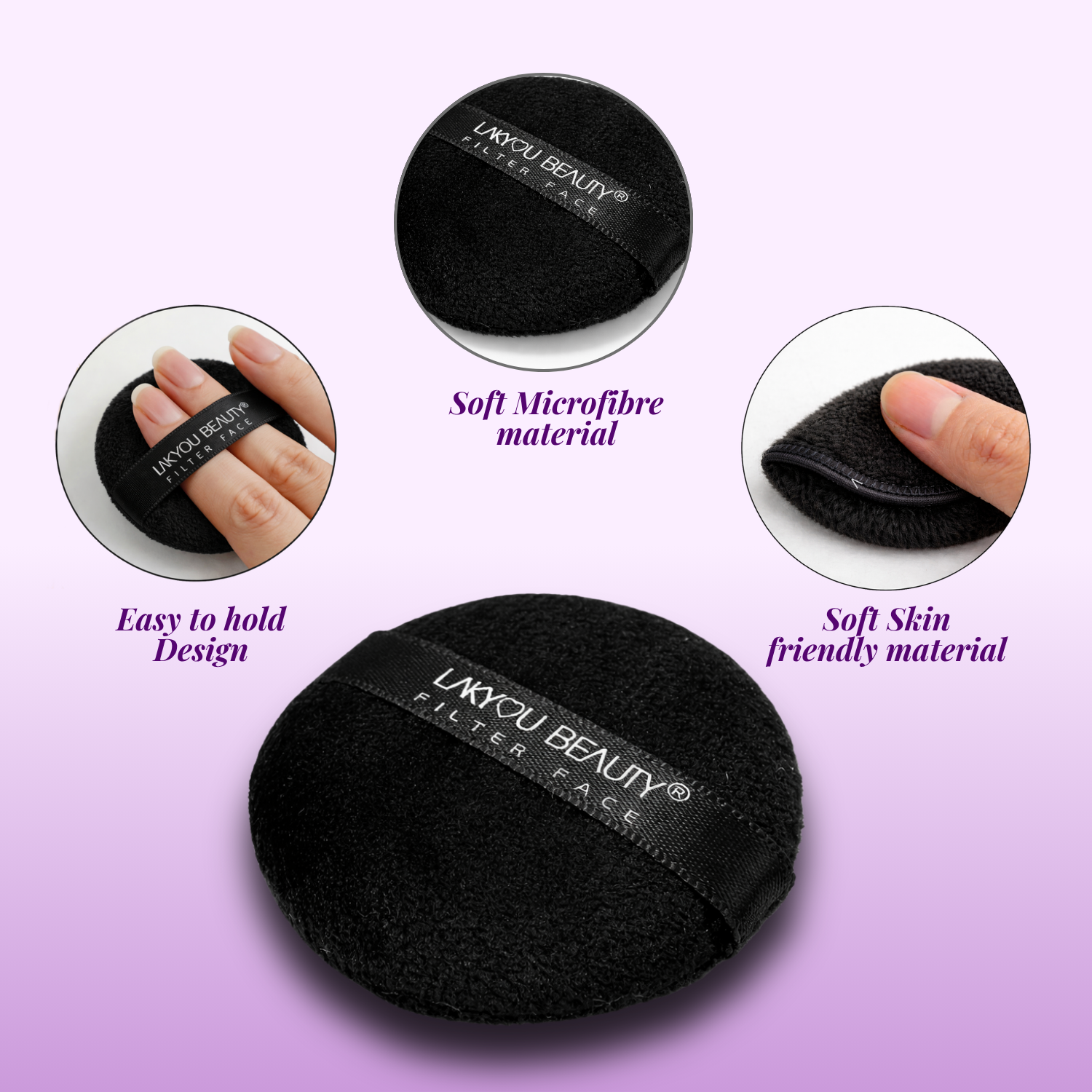Black makeup filter face with 'LAKYOU BEAUTY' branding on a purple background