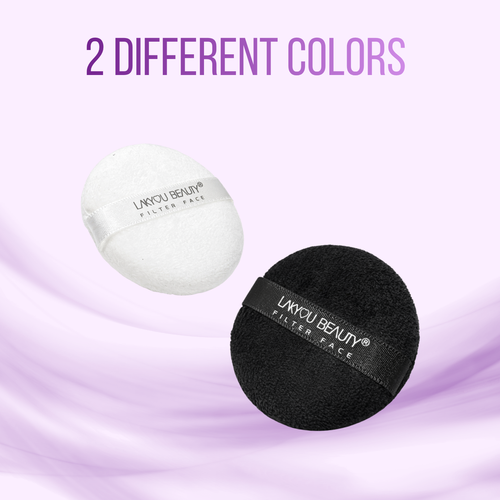 Two makeup sponges, one white and one black, with 'LAKYOU BEAUTY' branding on a purple background.