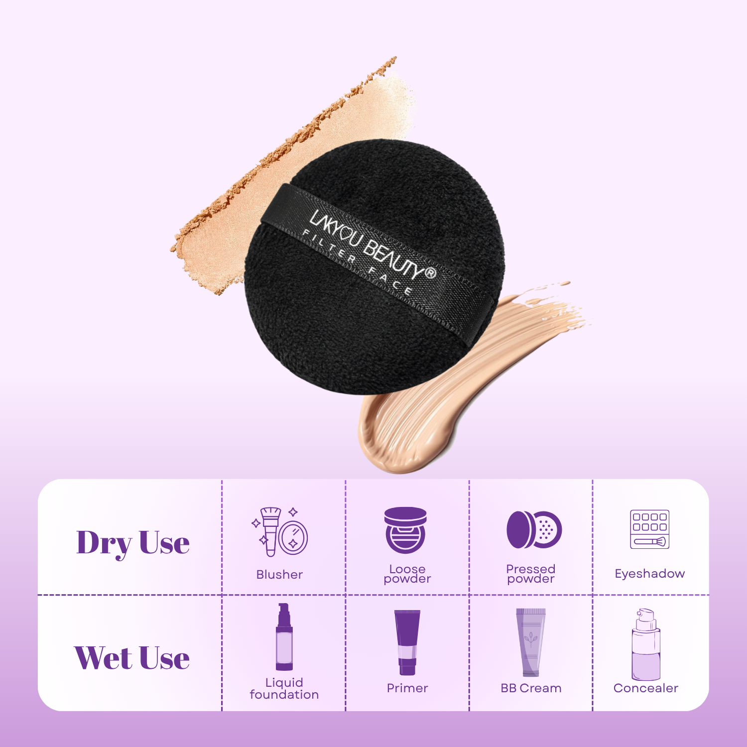 Black makeup sponge with 'lakyou BEAUTY' branding on a purple background with application guide.