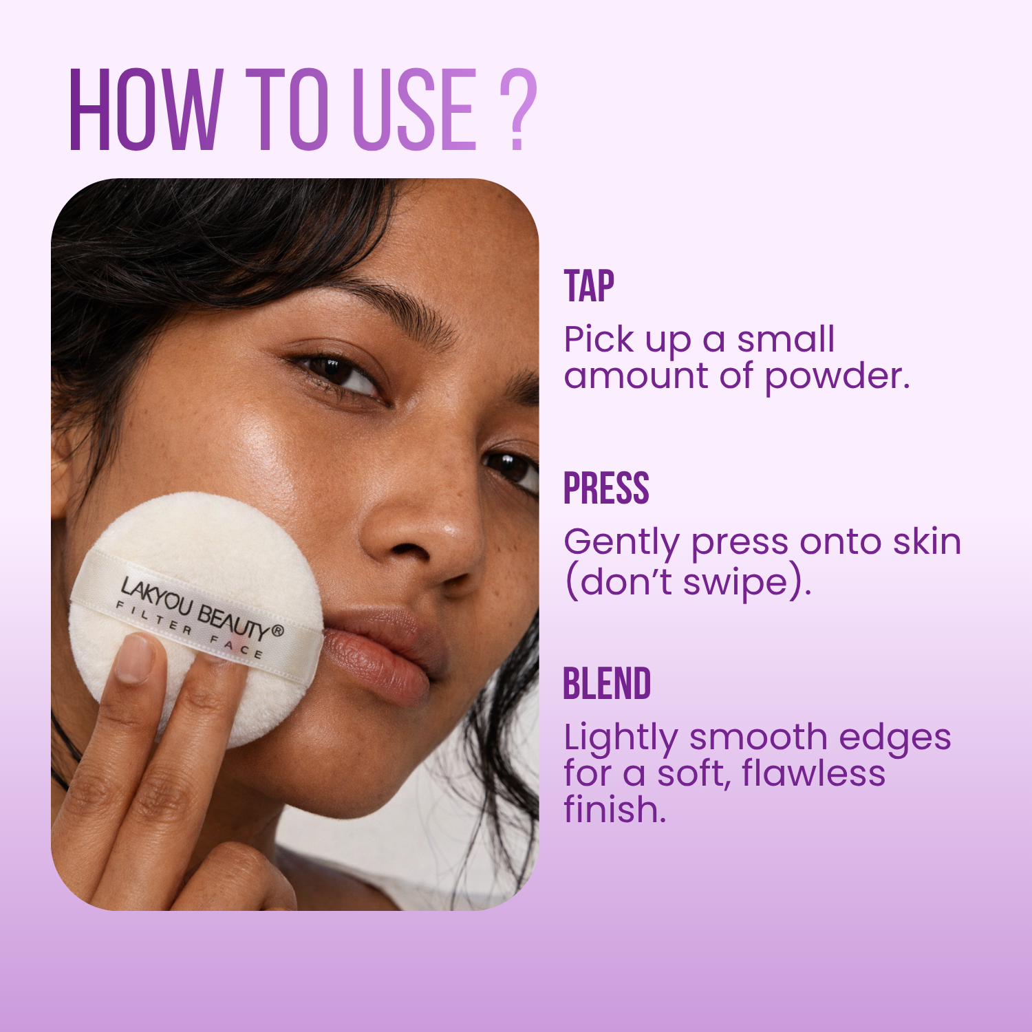 Lakyou Beauty powder puff with usage instructions on a purple background