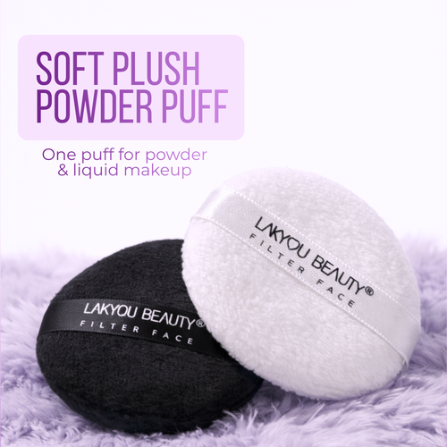 Two soft plush powder puffs, one black and one white, with 'Lakyou Beauty' branding on a fluffy white background.