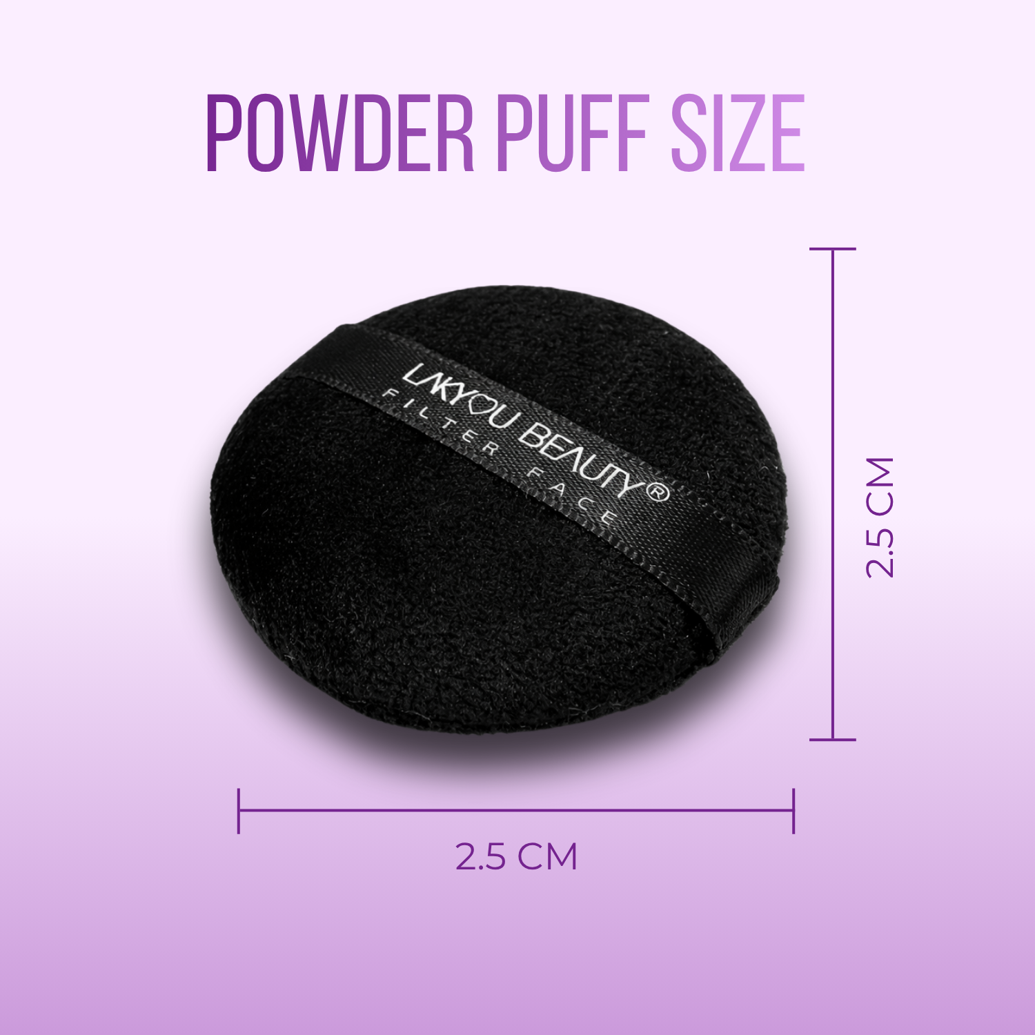 Black powder puff with 'Lakyou Beauty' branding and measurements on a purple background