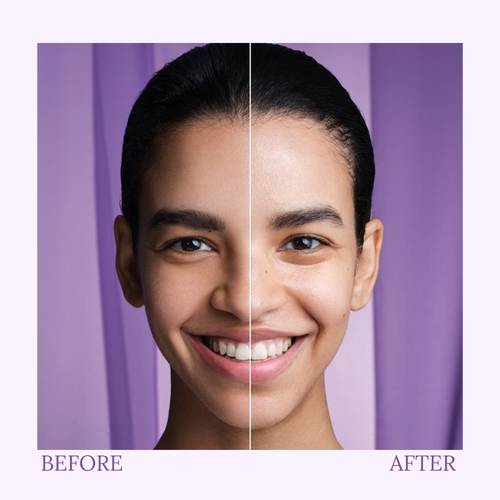 Before and after comparison of a person with a purple background