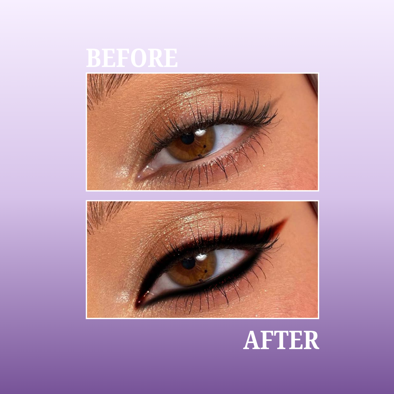 Before and after comparison of an eye makeup look on a purple background