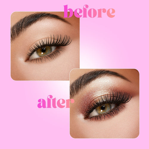 Before and after makeup comparison of an eye with pink background