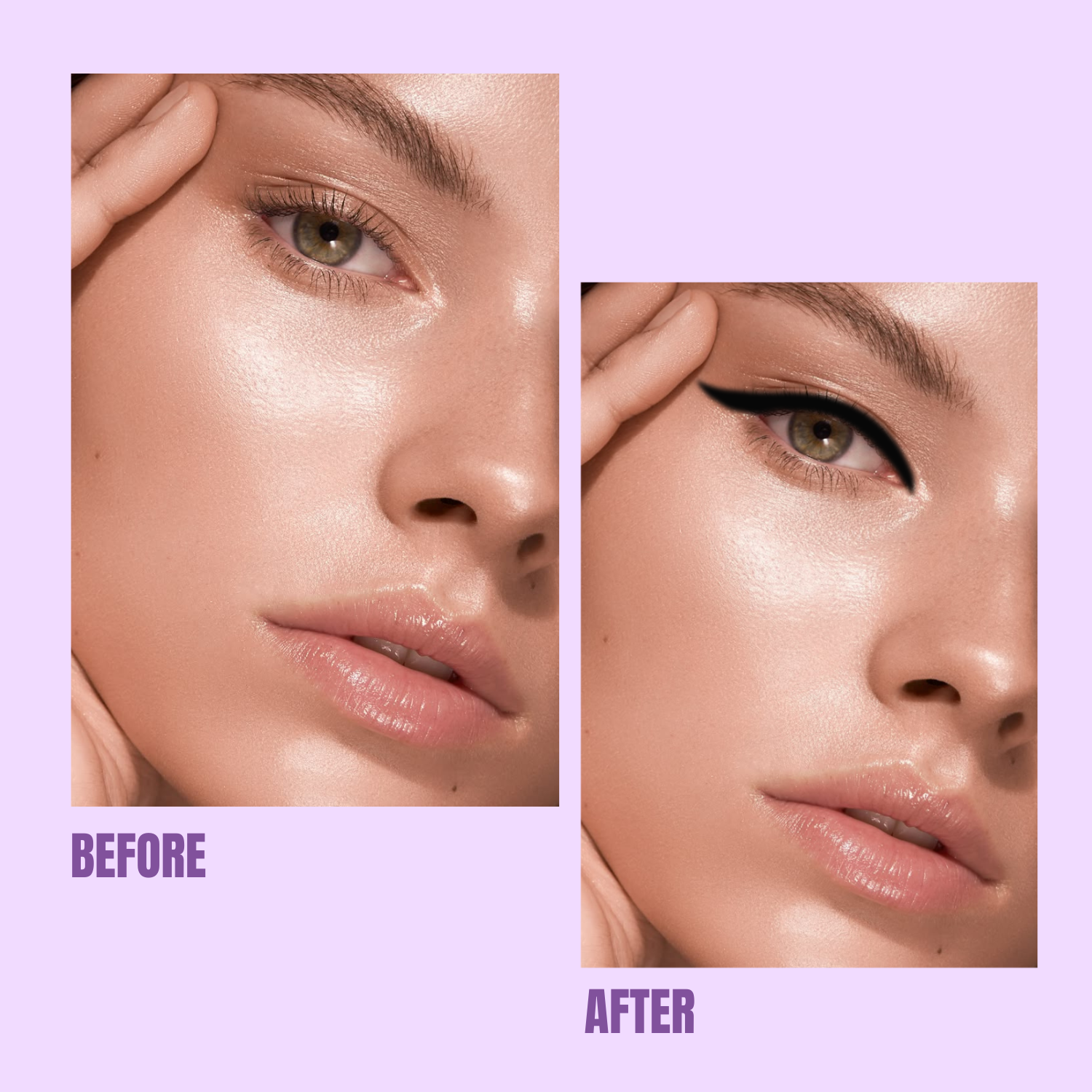 Before and after comparison of a woman's eye makeup on a purple background