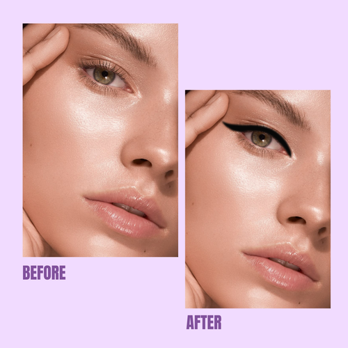 Before and after comparison of a woman's eye makeup on a purple background