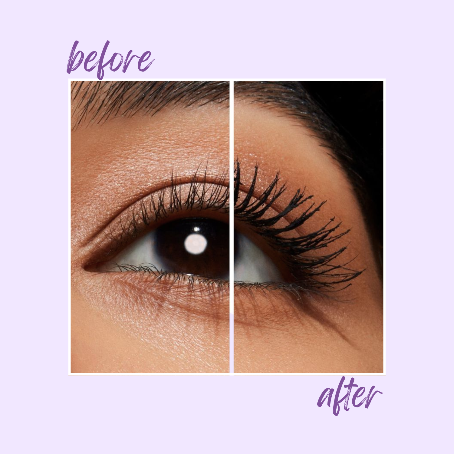 Before and after comparison of eyelashes on a light purple background