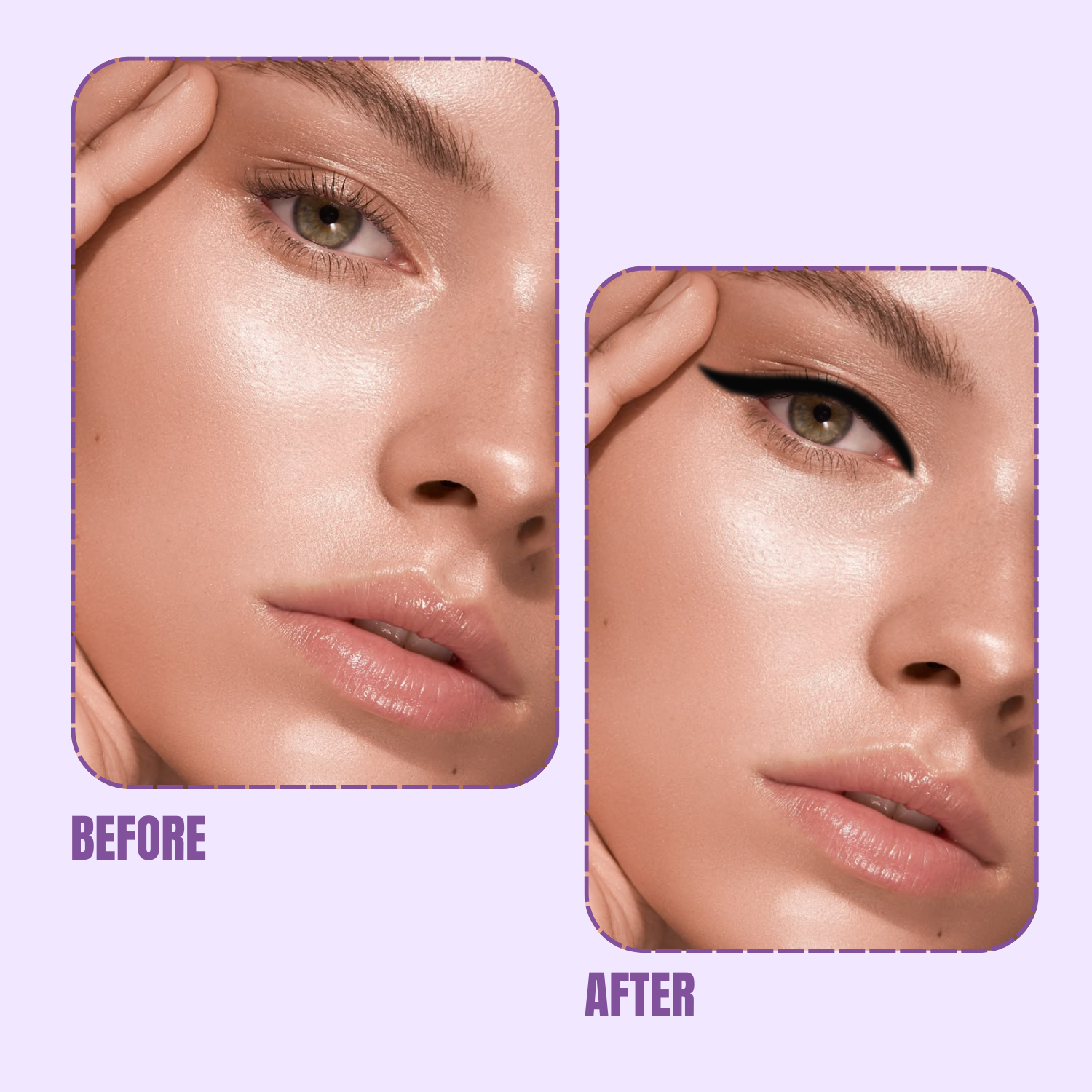 Before and after comparison of a woman's eye makeup on a purple background