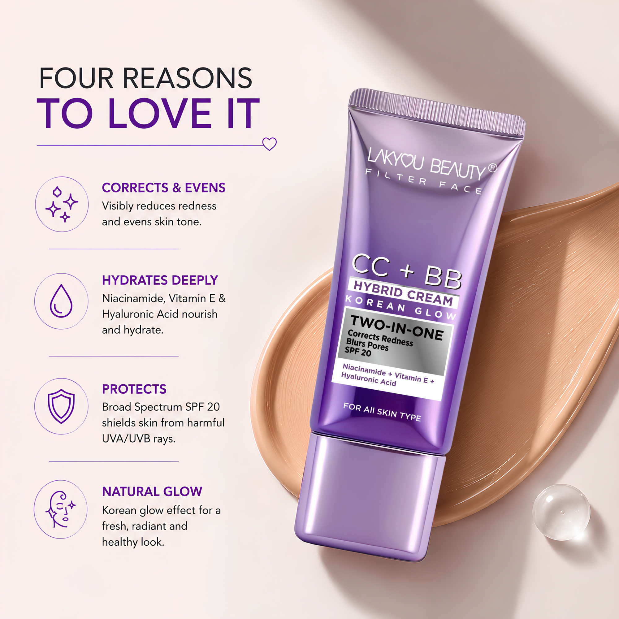 Lakyou Beauty CC + BB Cream SPF 20 | Niacinamide, Vitamin E & Hyaluronic Acid