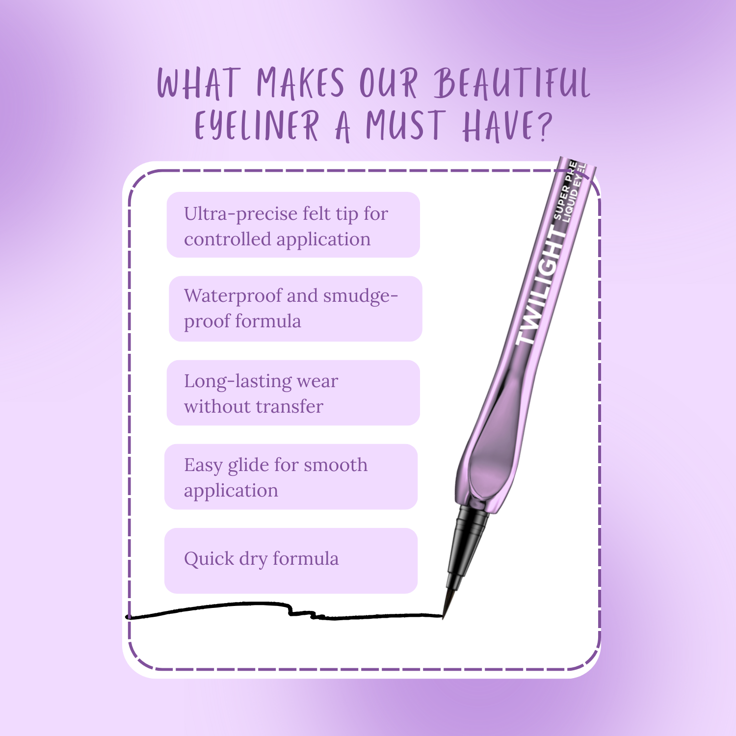 Purple eyeliner pen with features listed on a purple background