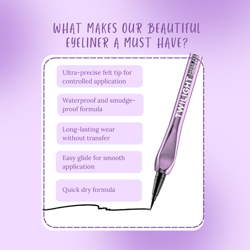 Purple eyeliner pen with features listed on a purple background