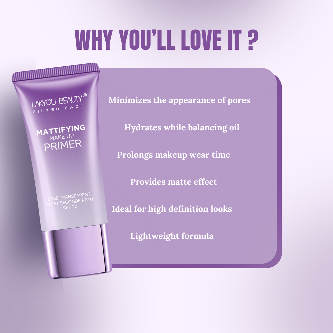 Lakyou Beauty Mattifying Makeup Primer with features listed on a purple background