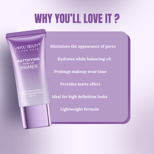 Lakyou Beauty Mattifying Makeup Primer with features listed on a purple background