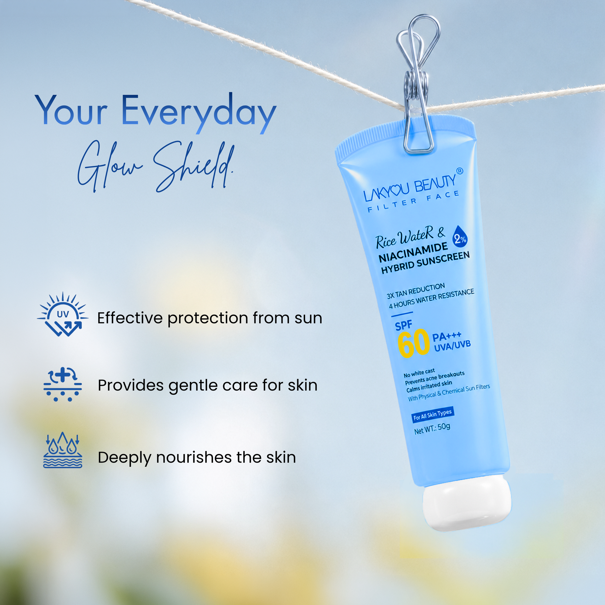 Lakyou Beauty  Rice Water Sunscreen SPF 60 PA+++ | 2% Niacinamide & Hyorid sunscreen