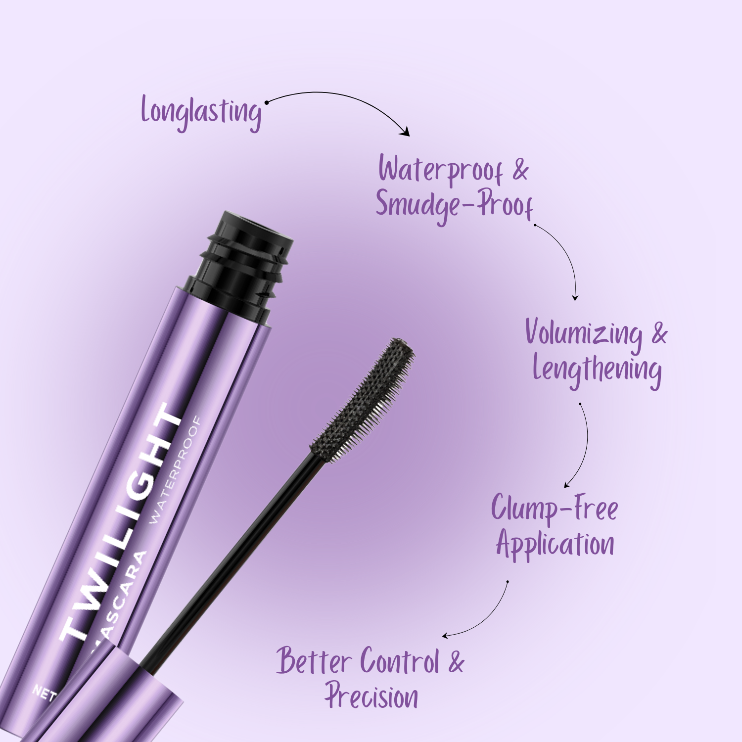 Purple mascara with text highlighting features on a purple background