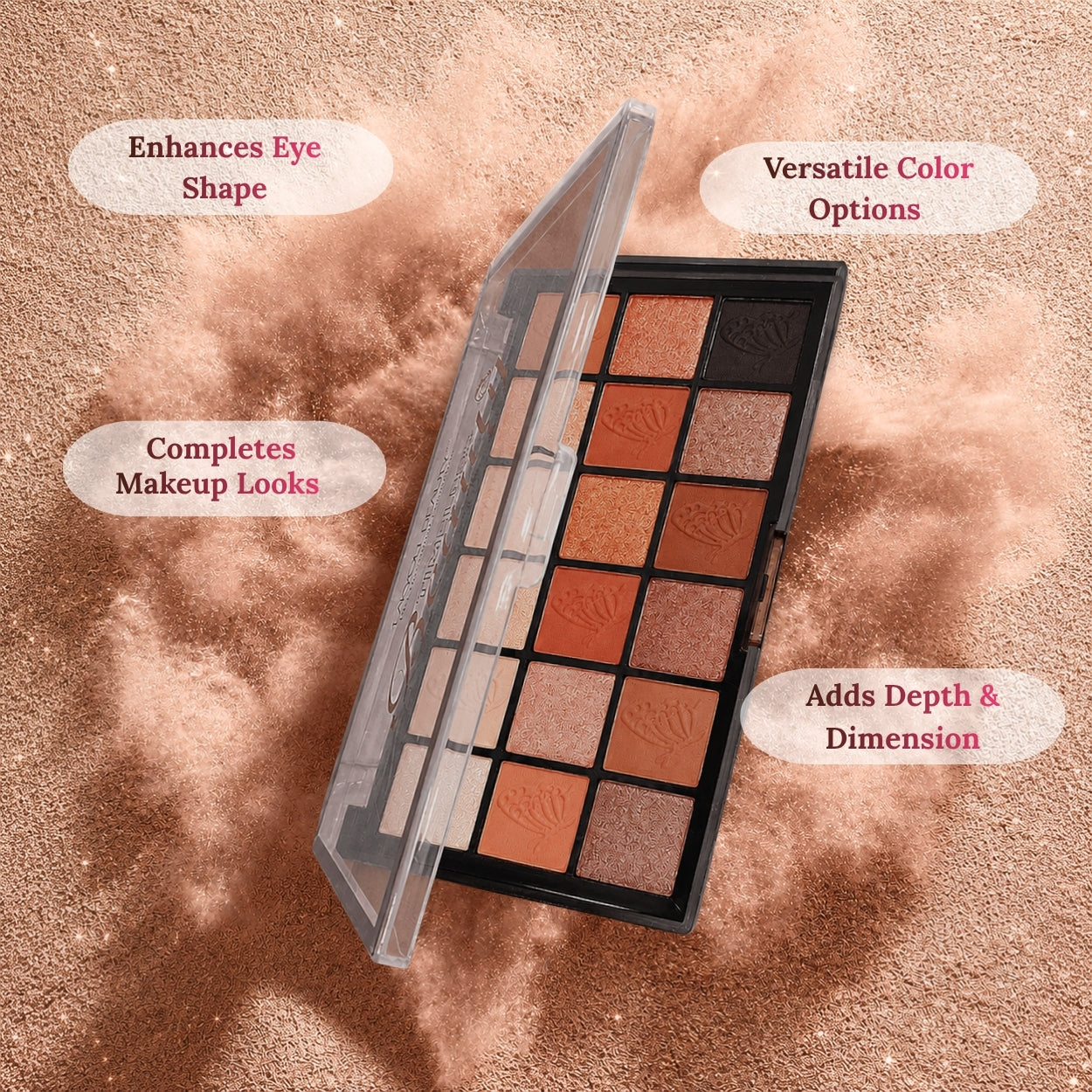 Makeup palette with brown shades on a textured brown background
