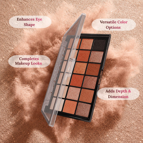 Makeup palette with brown shades on a textured brown background