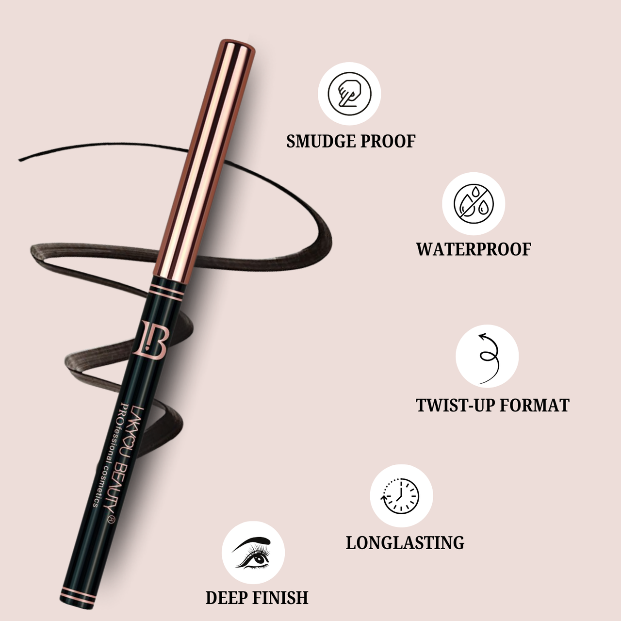Eyeliner pencil with features listed on a beige background