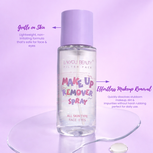 Makeup remover spray bottle with text on a purple background
