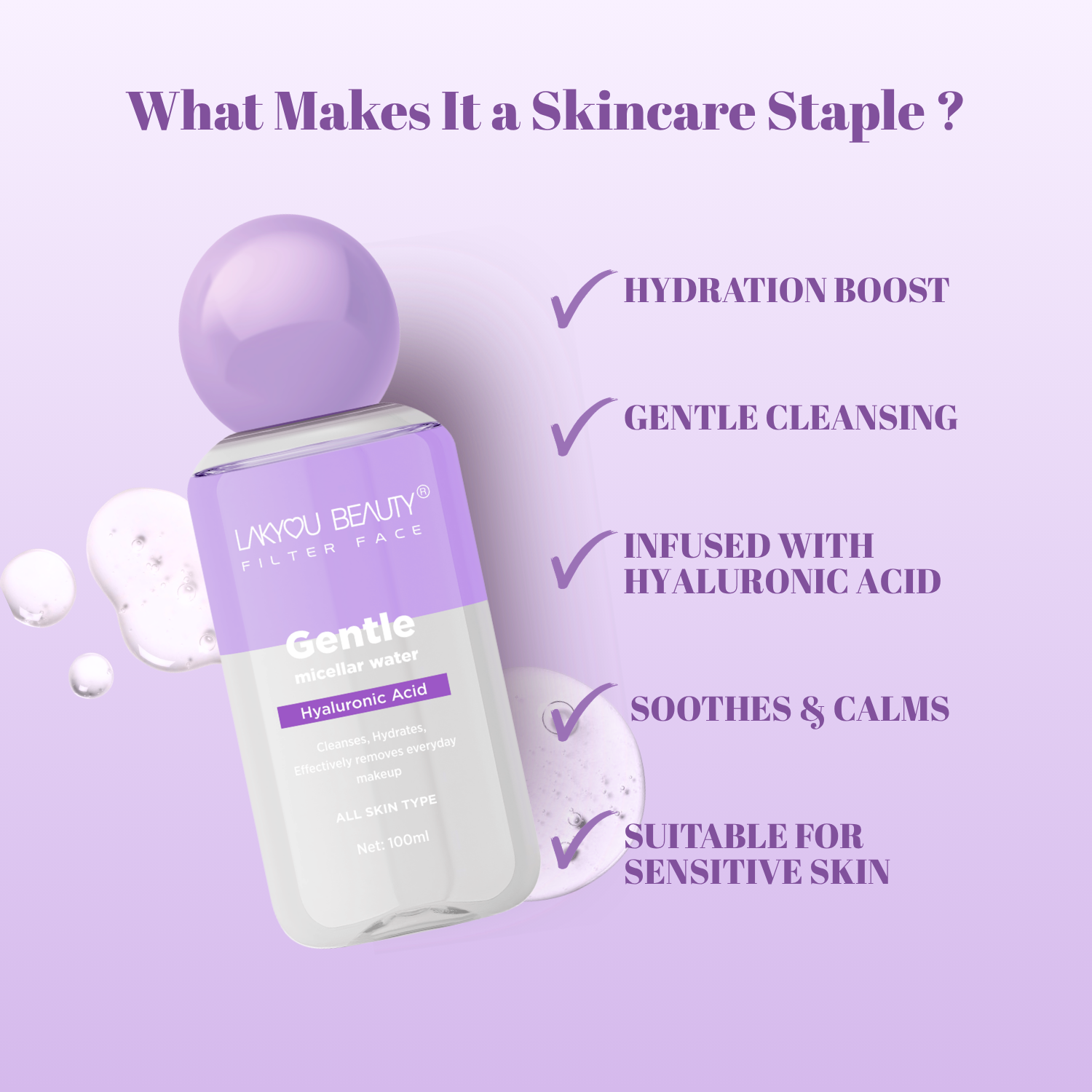 Skincare product with purple cap and white body on a light purple background, featuring text about its benefits.
