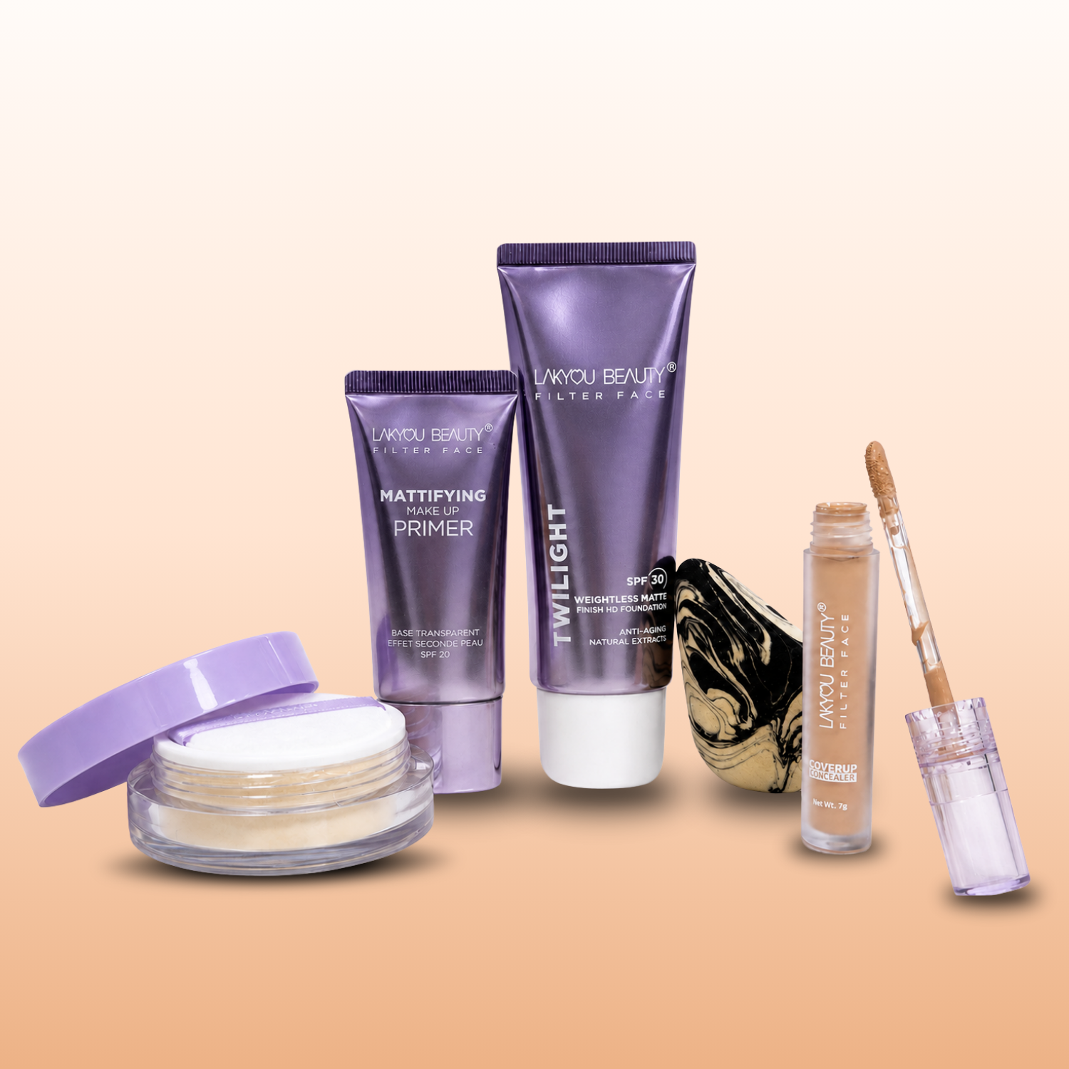 Collection of makeup products including a cream, primers, and a brush on a beige background