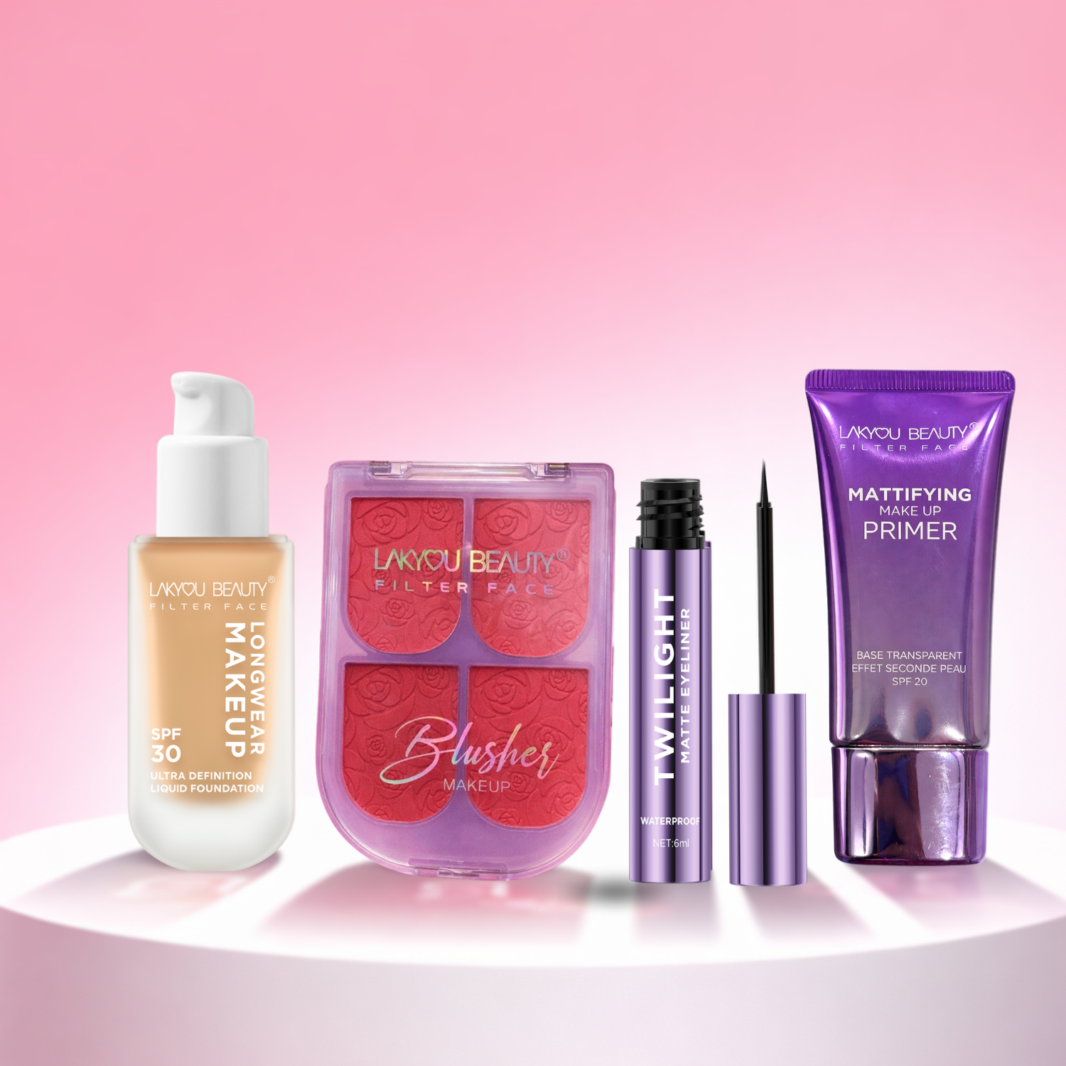 Collection of makeup products including a foundation, blush, and primer on a pink background