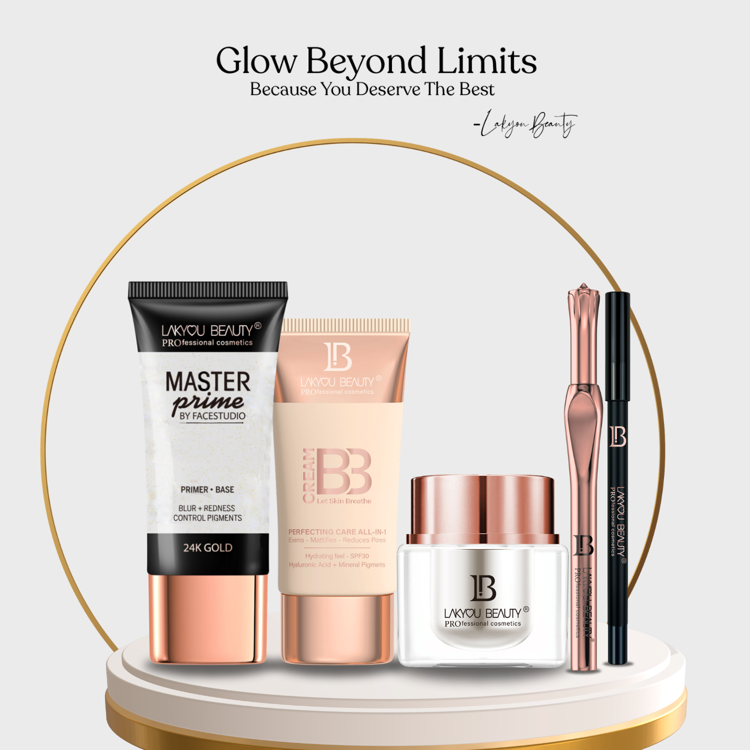 Set of beauty products with 'Lakyou Beauty' branding on a white background.