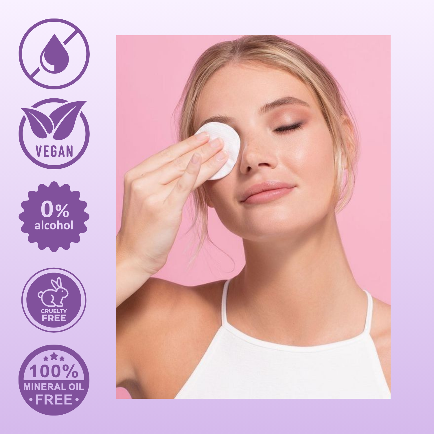 Woman applying a product to her face with icons indicating vegan, alcohol-free, cruelty-free, and mineral oil-free properties on the left.