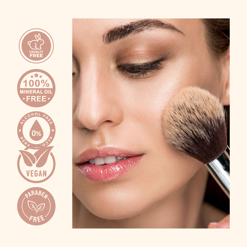 Woman applying makeup with a brush, featuring cruelty-free and vegan product icons on the left.