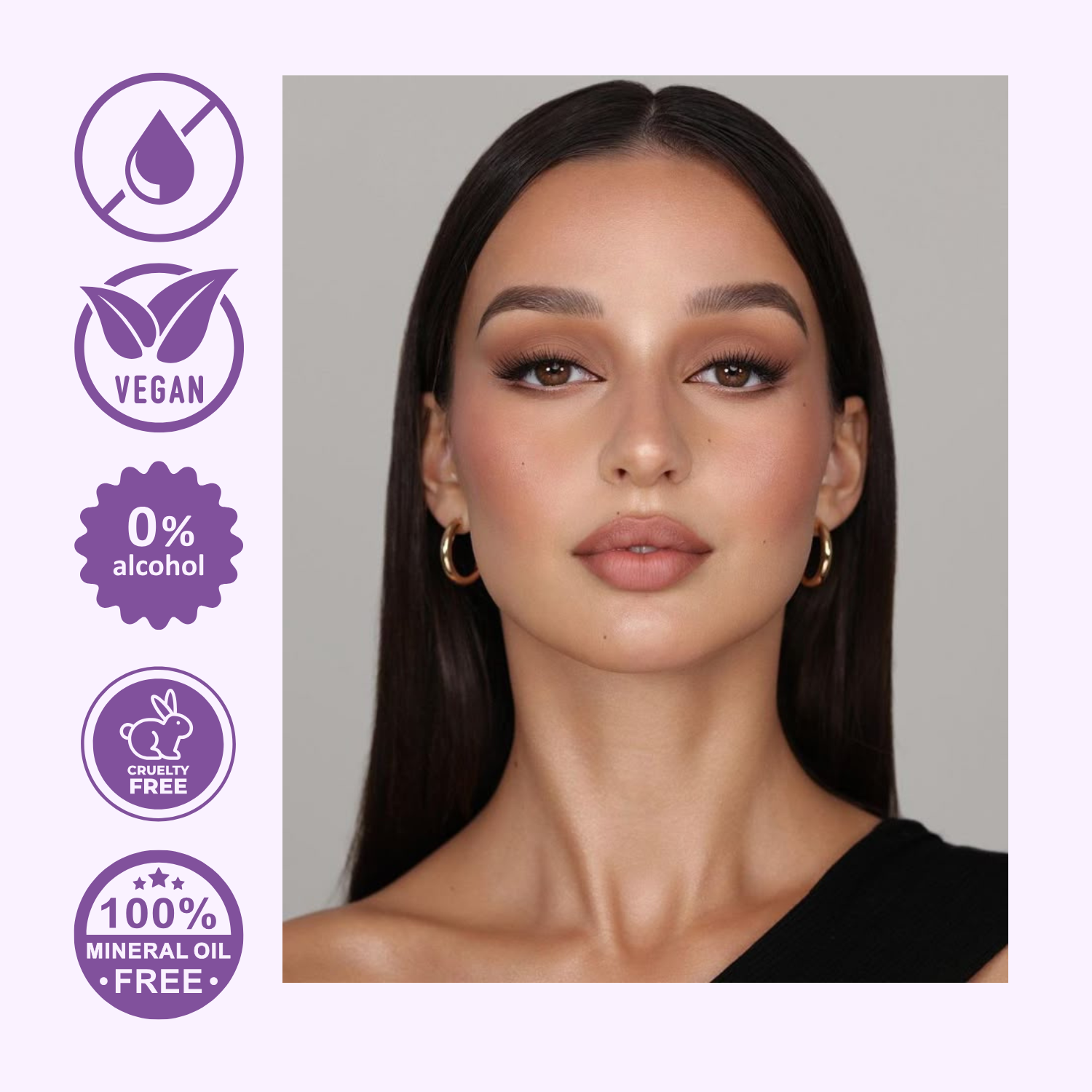 Woman with makeup and icons indicating vegan, alcohol-free, cruelty-free, and mineral oil-free products on a gray background.