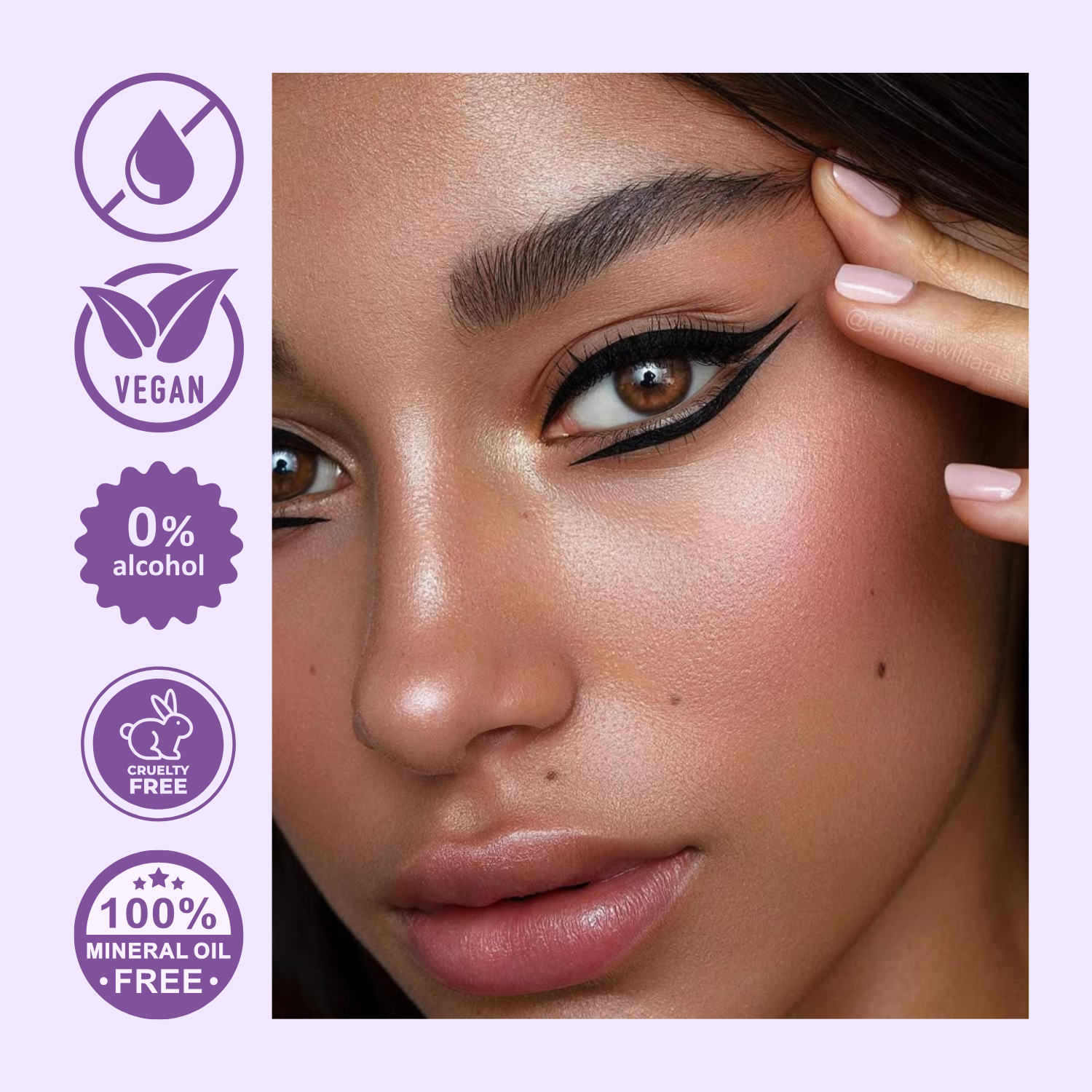Close-up of a woman's face with makeup, featuring vegan, alcohol-free, cruelty-free, and mineral oil-free icons on a light purple background.