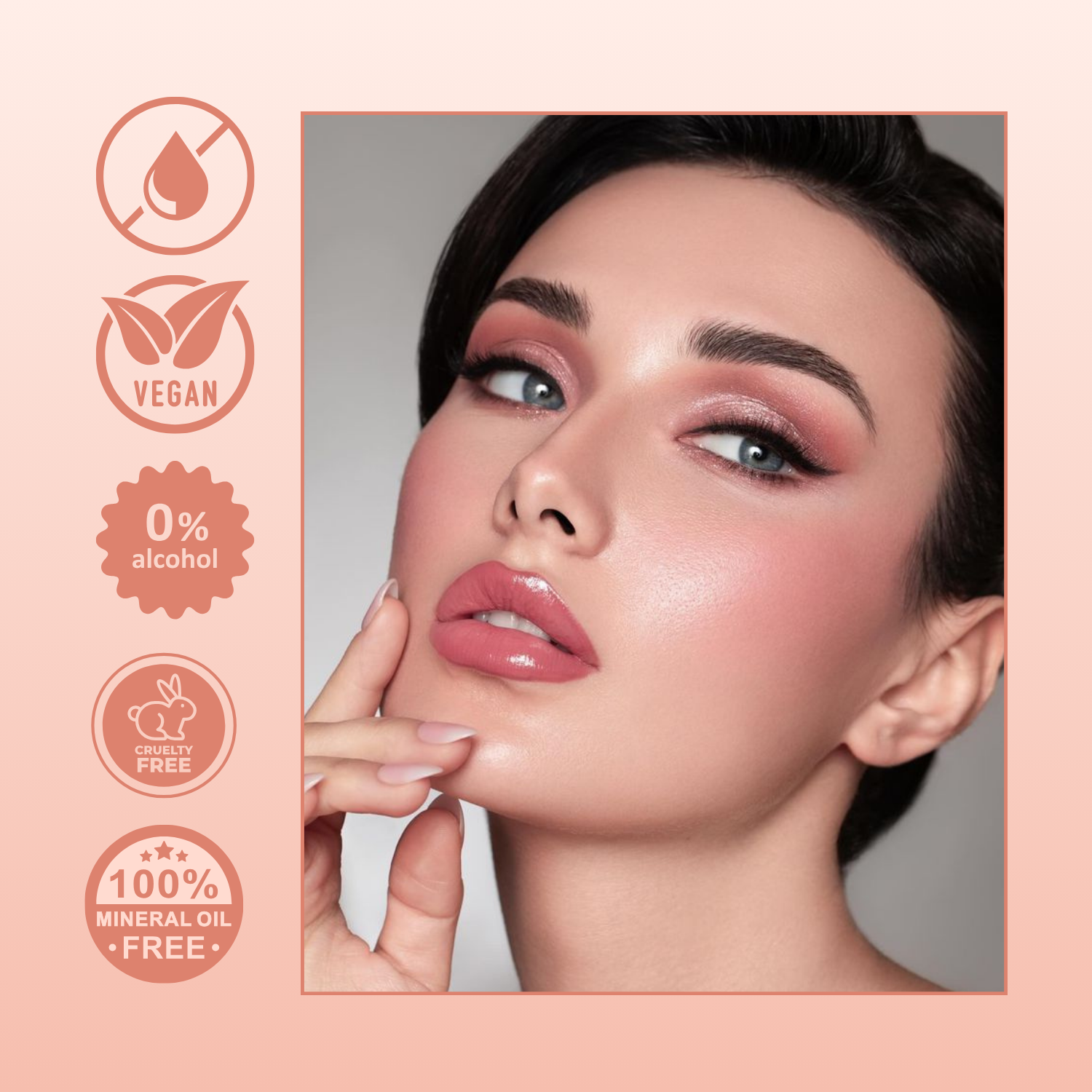 Woman with makeup on a peach background with icons indicating product features.