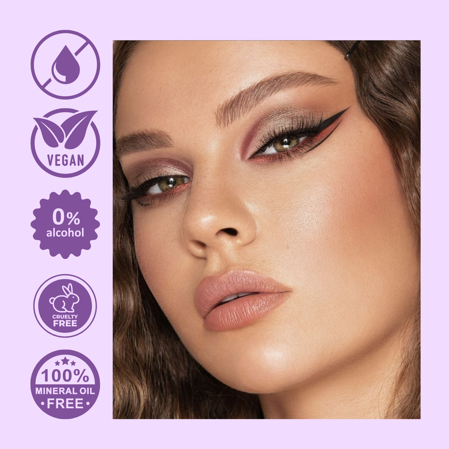 Woman's face with makeup and purple icons indicating vegan, alcohol-free, cruelty-free, and mineral oil-free products on a light purple background.