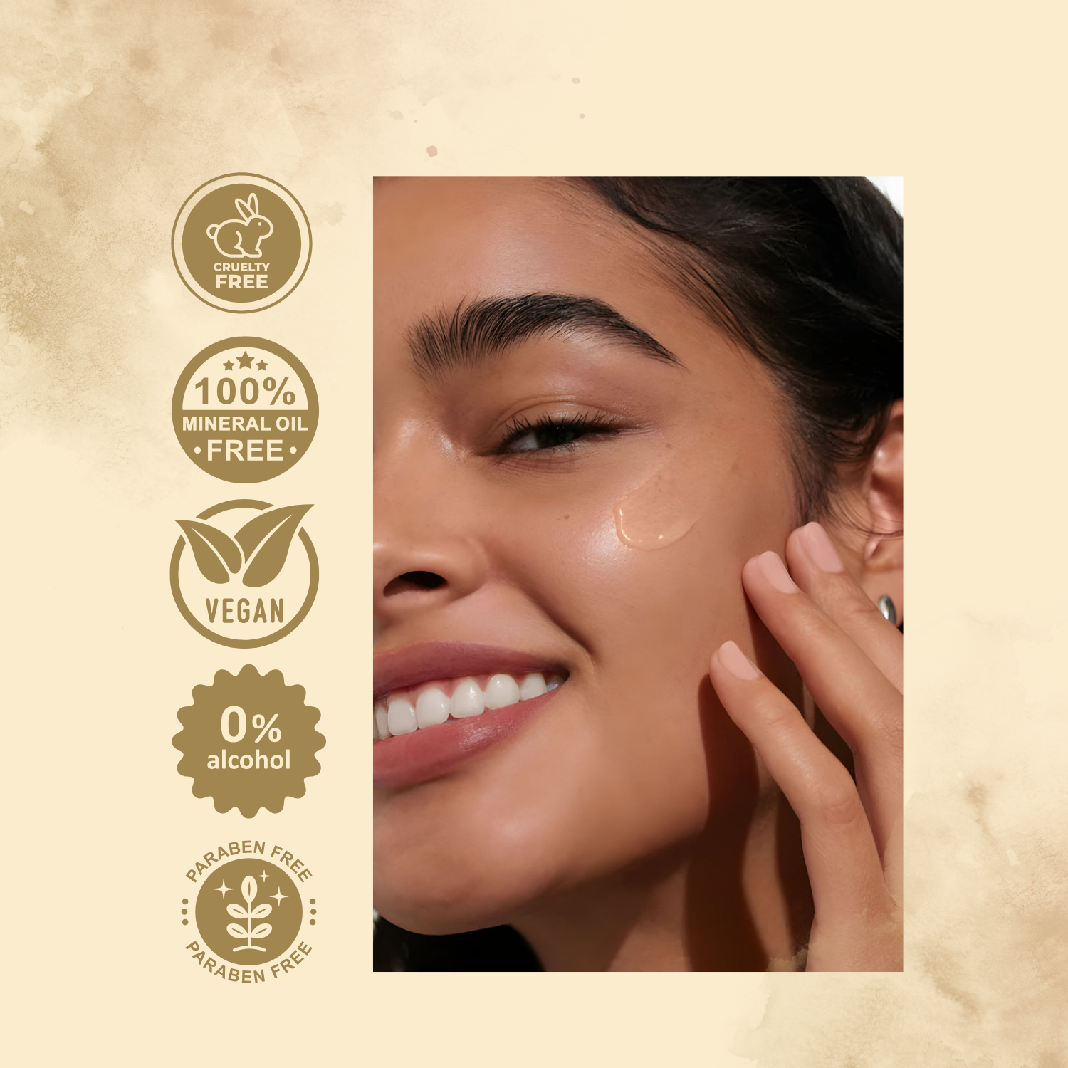 Woman applying skincare product with product features on a beige background