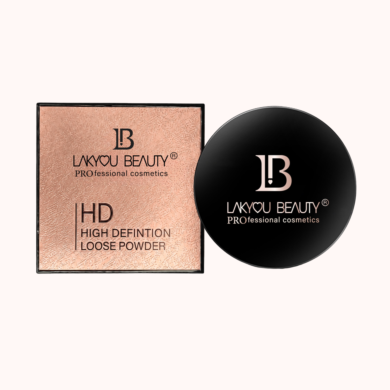 Lakyou Beauty HD High Definition Loose Powder in a square compact next to its round black lid, displayed on a light beige background.