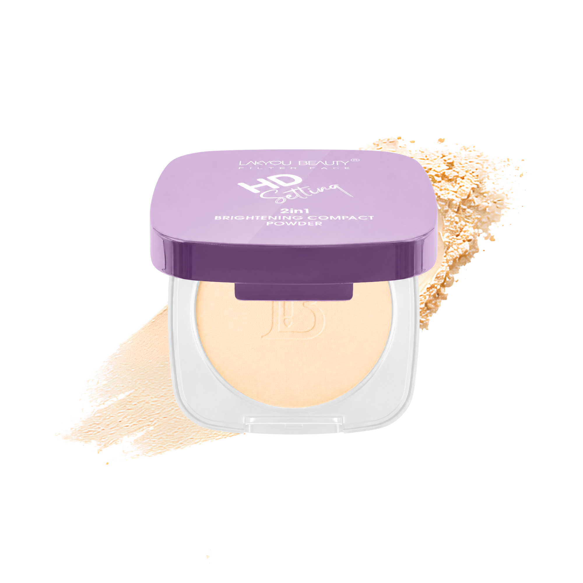 Compact powder with purple lid on a white background